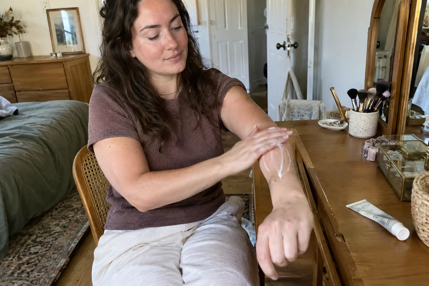 Une femme assise à une coiffeuse applique un soin au bras