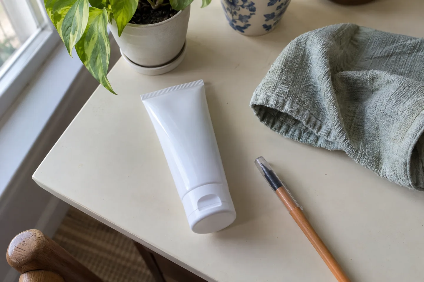 Tube neutre fermé, carnet et linge vert sur une table
