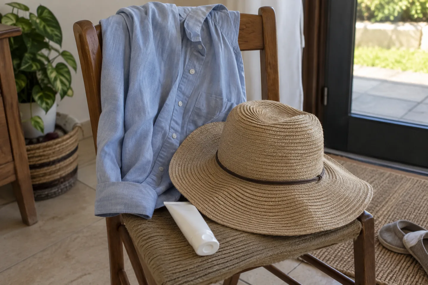 Chapeau, chemise et tube neutre préparés sur une table