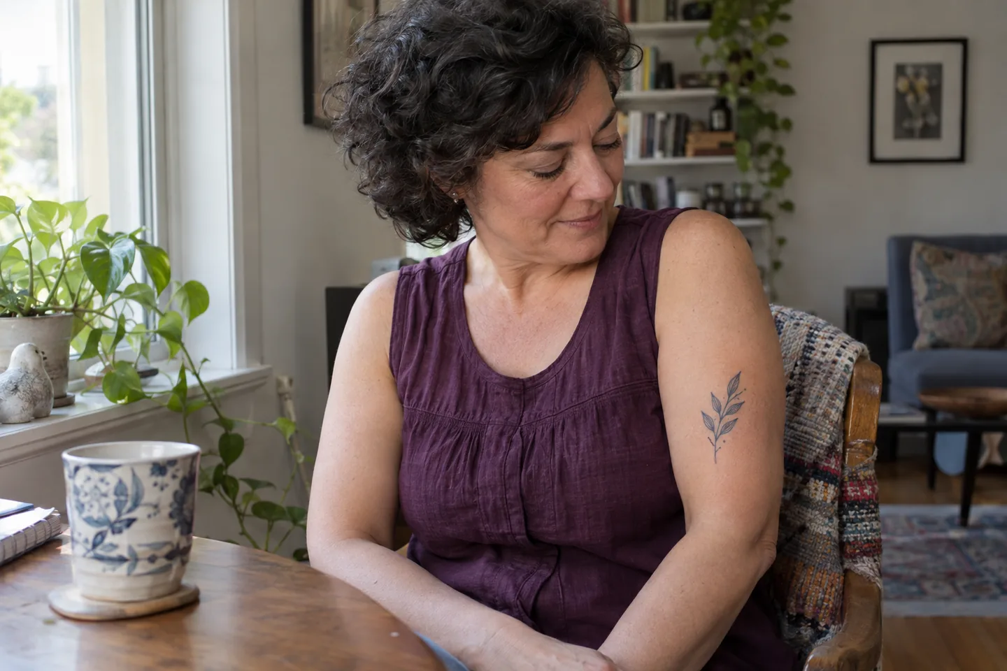 Femme observant un tatouage végétal sur son bras