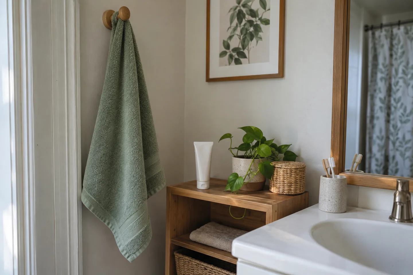 Tube fermé et linge propre près d’un lavabo