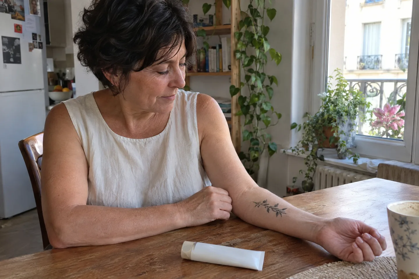 Femme assise à une table regardant un tatouage végétal sur son avant-bras