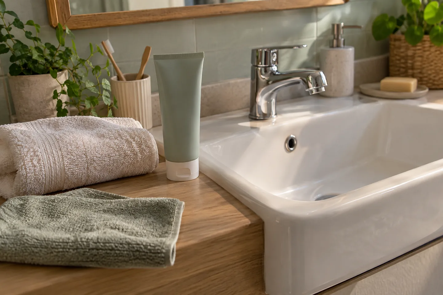 Lavabo dégagé avec savon fermé et linge de toilette personnel