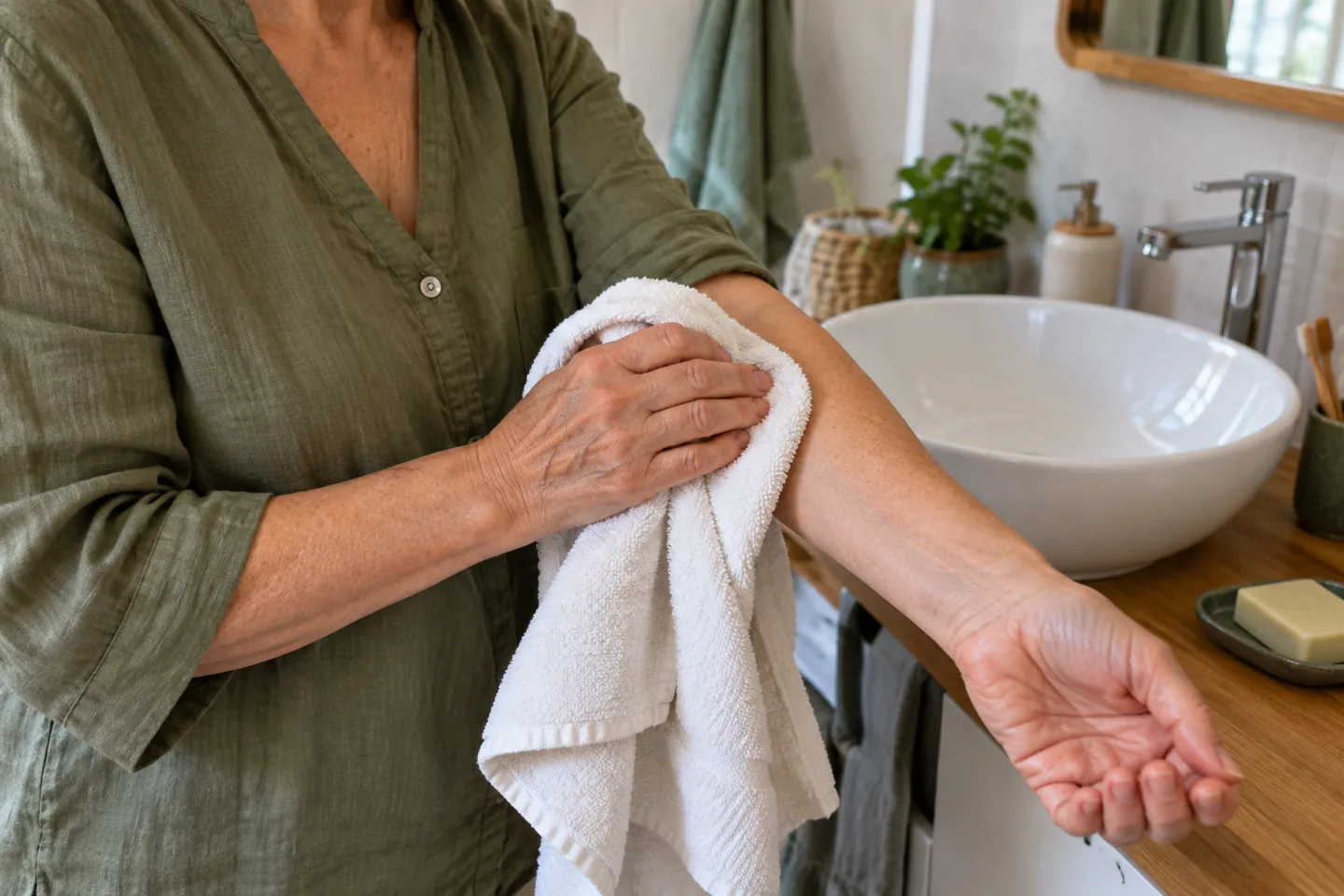 Femme séchant doucement son avant-bras avec une serviette