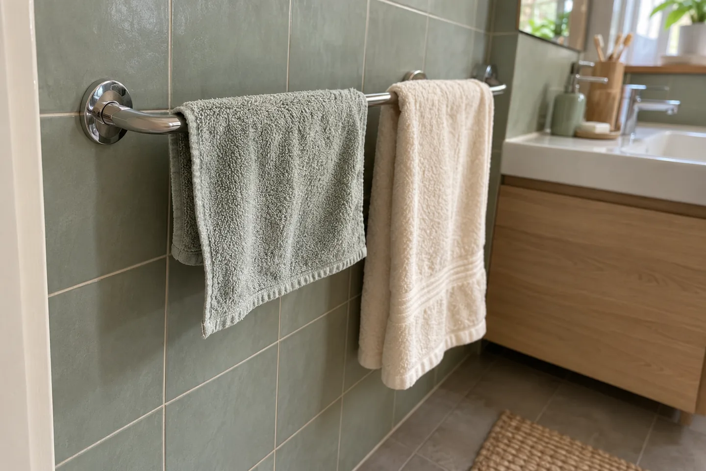 Linge de toilette déplié sur une barre pour sécher