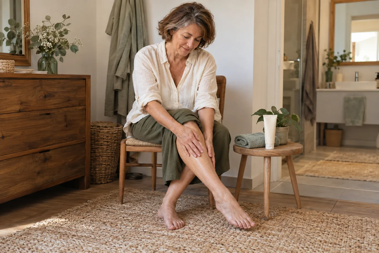 Femme assise appliquant un soin sur son tibia, tube fermé à portée