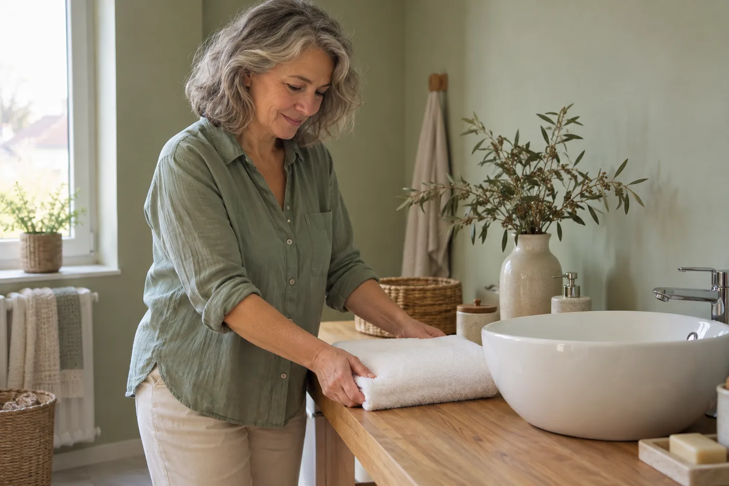 Femme aux cheveux gris préparant une serviette à côté d’un lavabo