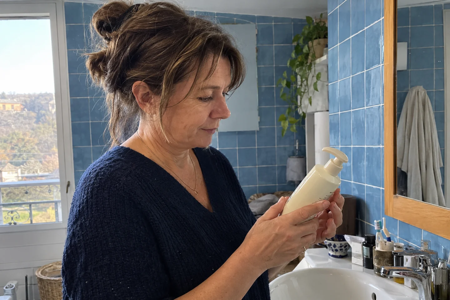 Femme lisant un flacon à pompe près du lavabo.
