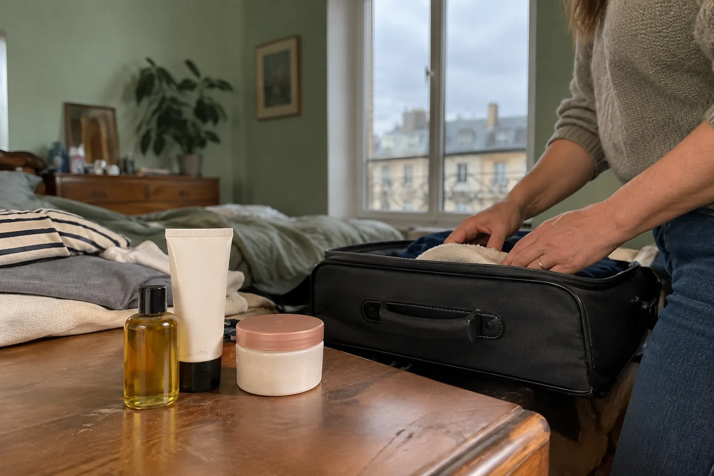 Trois petits produits connus à côté d’une valise