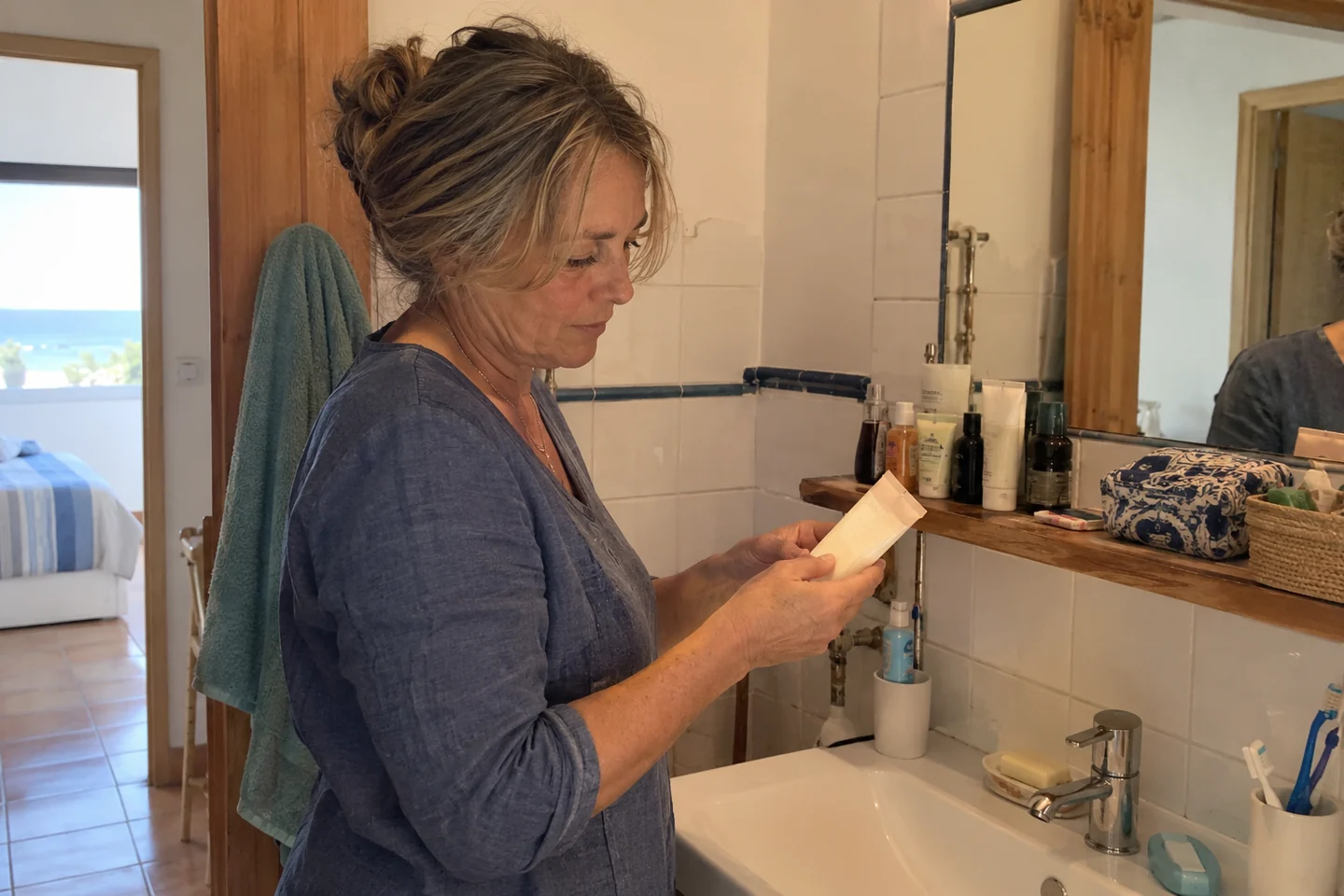 Une femme choisit un tube dans sa salle de bain