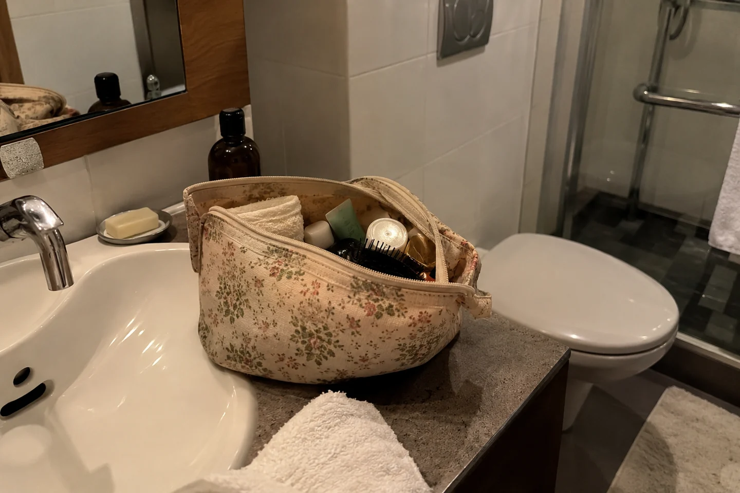 Une trousse posée dans une petite salle de bain d’hôtel