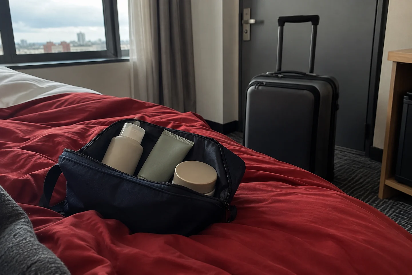 Une petite trousse ouverte sur un lit défait