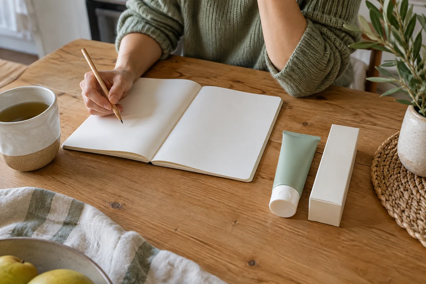 Main tenant un crayon au-dessus d’un carnet vierge, près d’un tube de soin