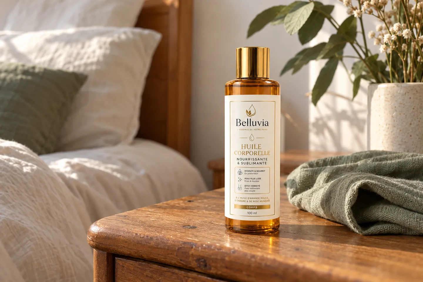 Bouteille d’huile corporelle Belluvia et linge plié