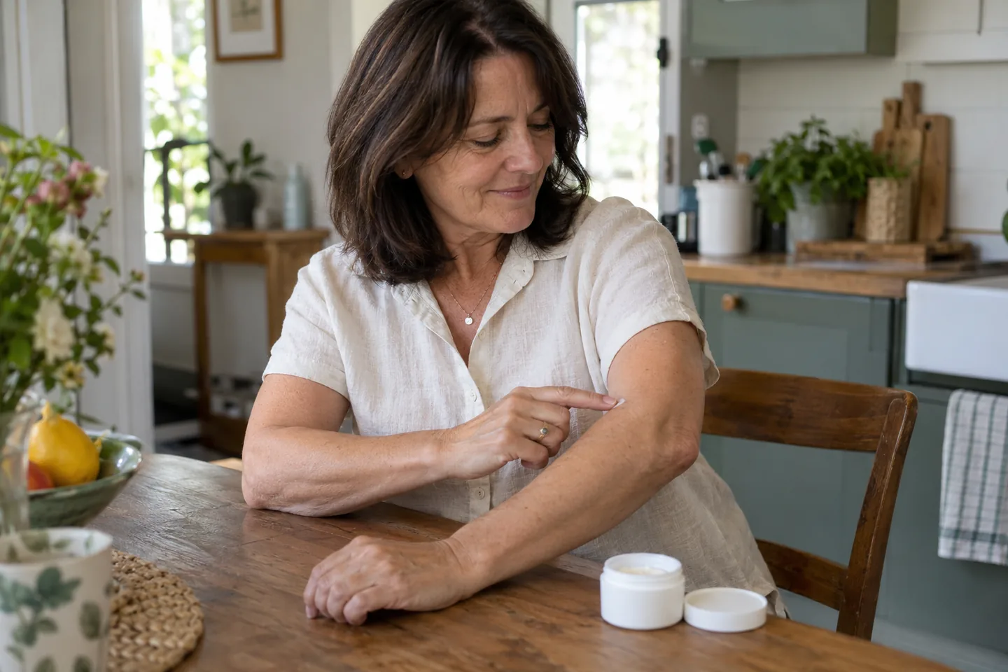 Femme posant un peu de produit sur son avant-bras