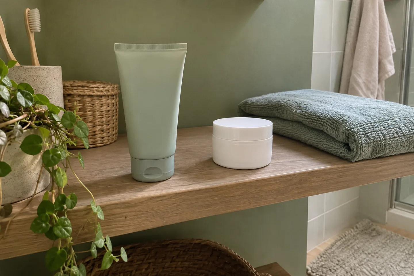 Crème en tube et pot neutre fermés sur une tablette