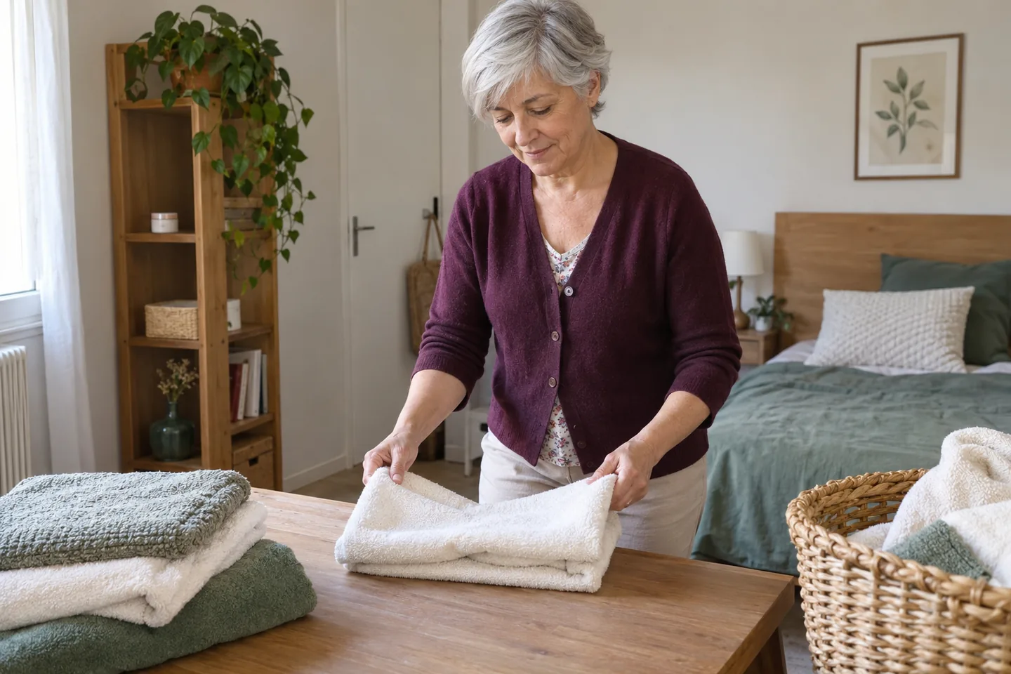 Femme repliant du linge propre dans une pièce sans source de chaleur
