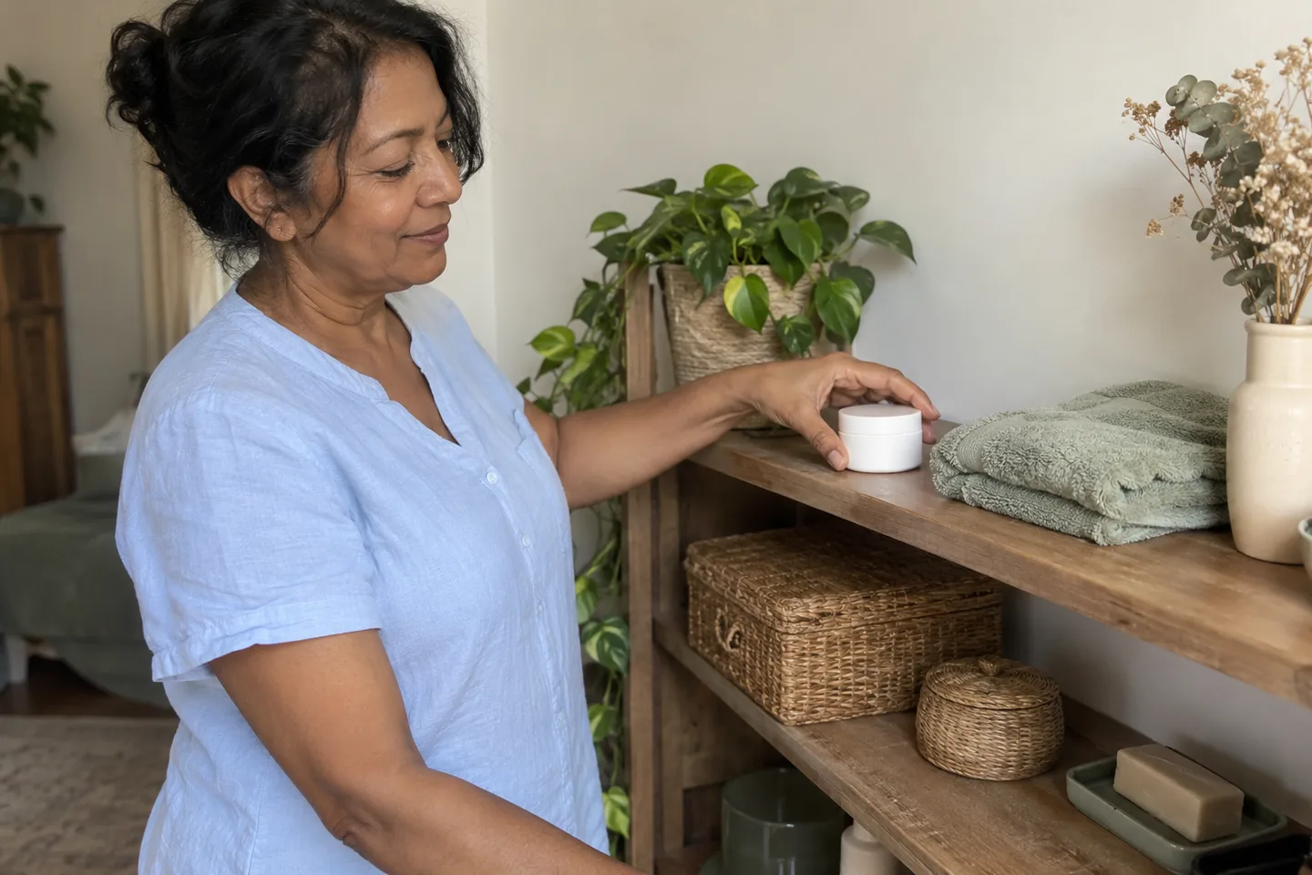 Femme rangeant un pot fermé sur une étagère sèche