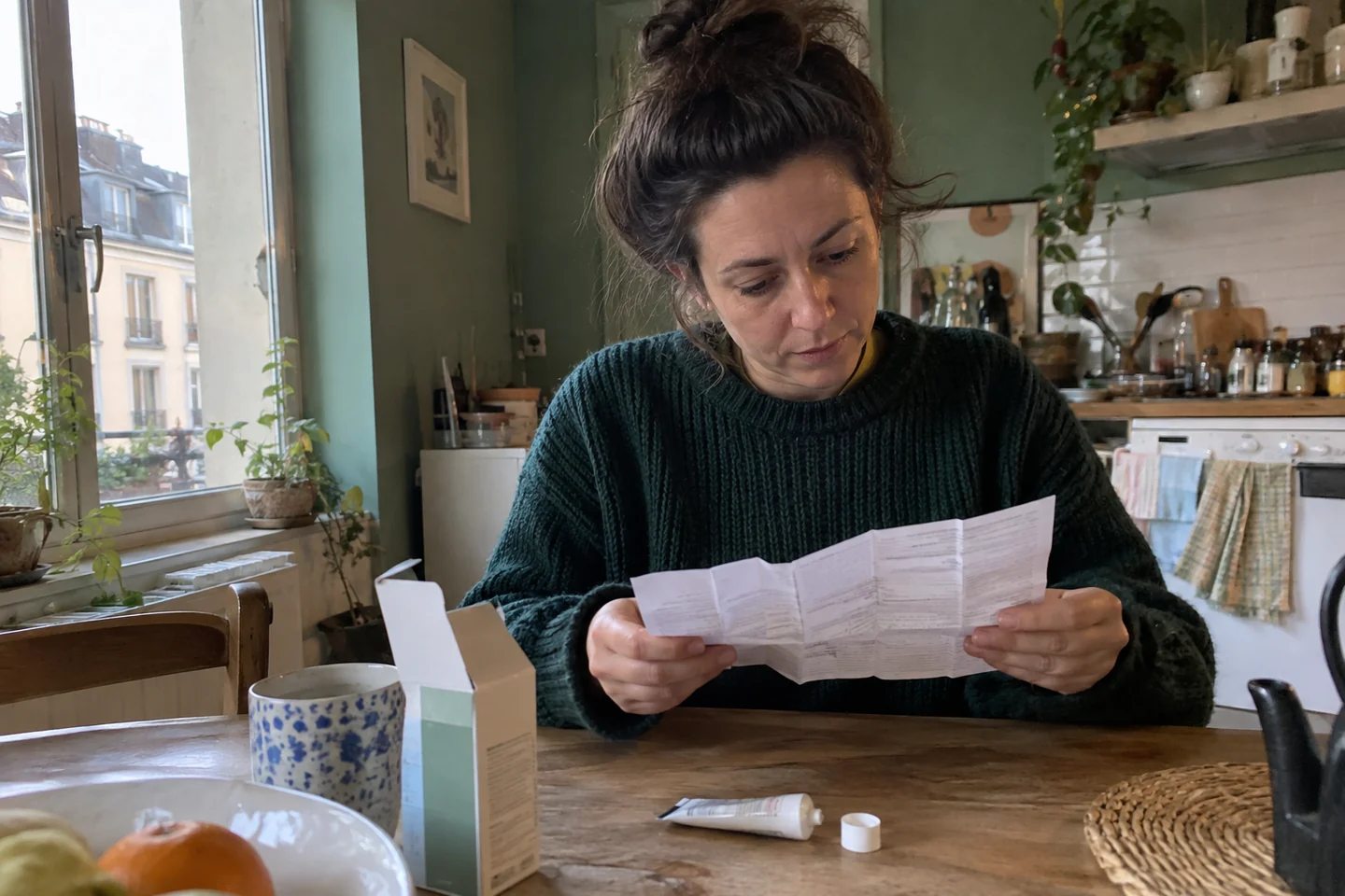 Une femme lit une notice à sa table de cuisine