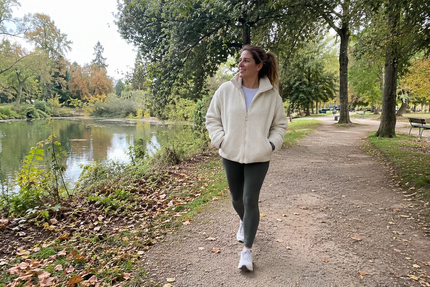Une femme marche en tenue confortable dans un parc